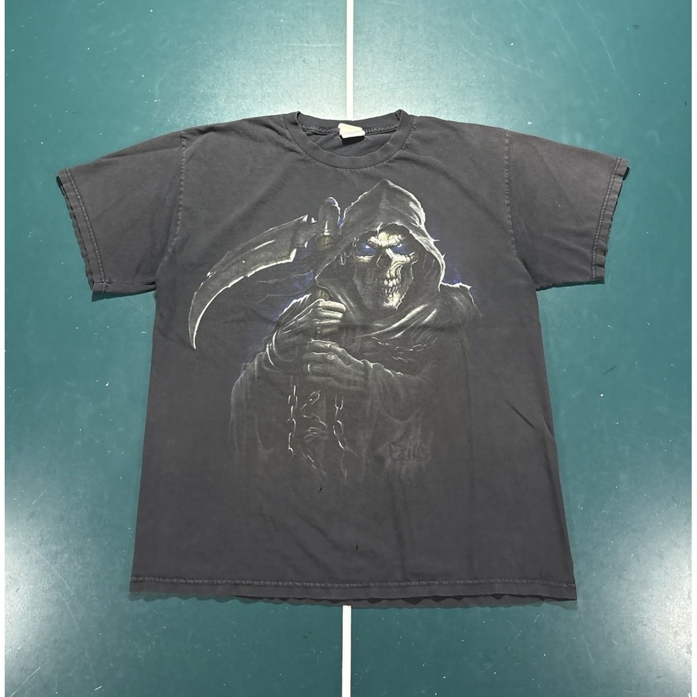 Vintage Grim Reaper T Shirt Large Faded Black Goth Skull Scythe Grunge Punk Y2K